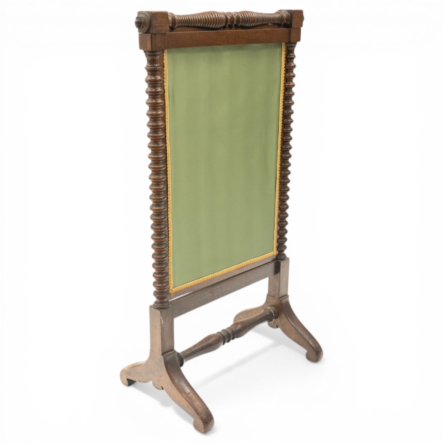 Victorian mahogany firescreen, the rectangular upholstered panel decorated with a Greek urn within laurel wreath on green ground, within spiral turned uprights, on downswept supports united by a turned stretcher