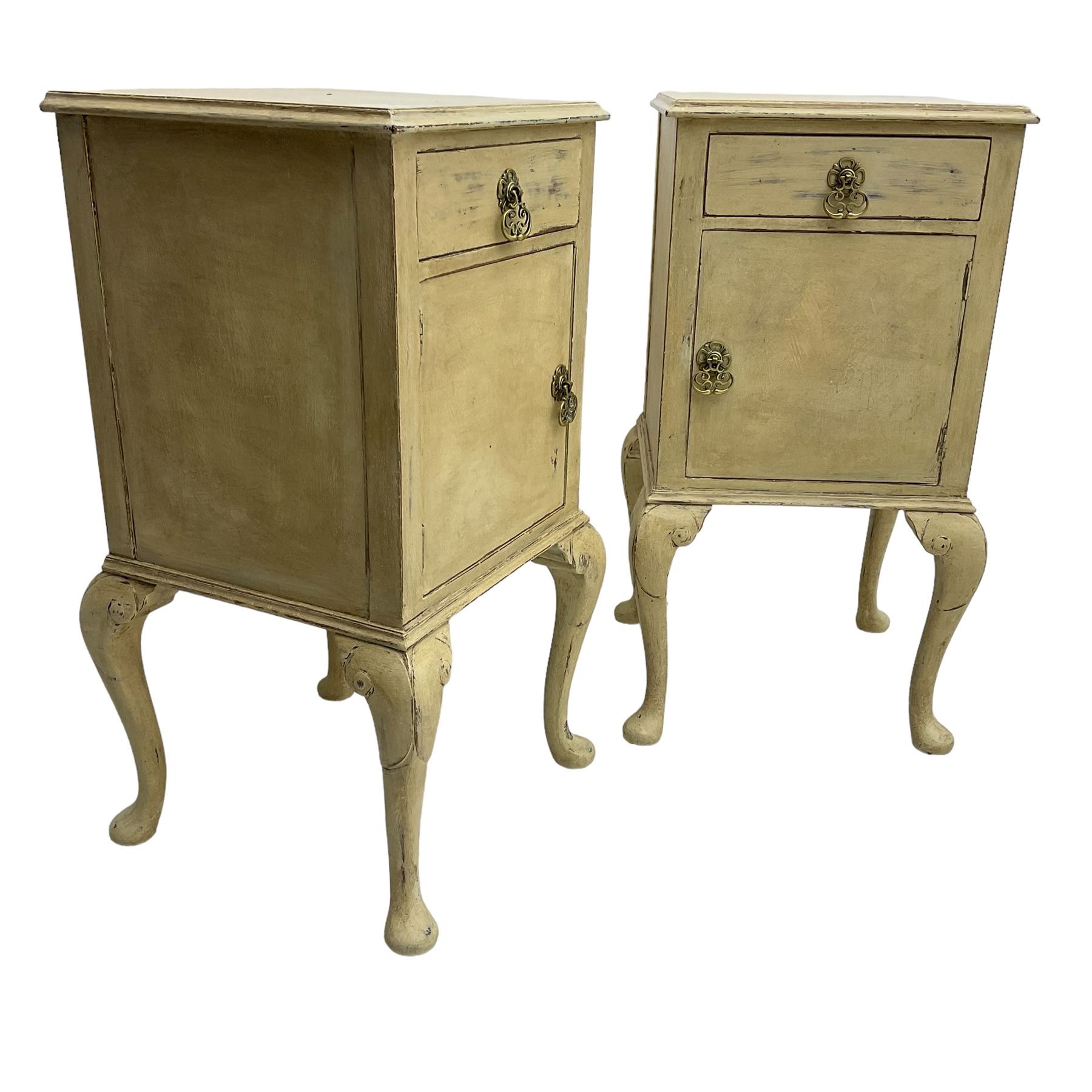 Pair of mid-20th century cream painted bedside cabinets, rectangular top over single drawer and cupboard, on cabriole supports