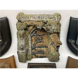 Terry Pratchett Discworld plaques, designed by Clarecraft, comprising 'the First Discworld Event Clarecraft August 95', the collectors guild joining shield, the fools guild DW99C, the seamstresses guild DW98C, the musicians guild DW00C together with 'Door of the mended drum' wall hanging DW17. 