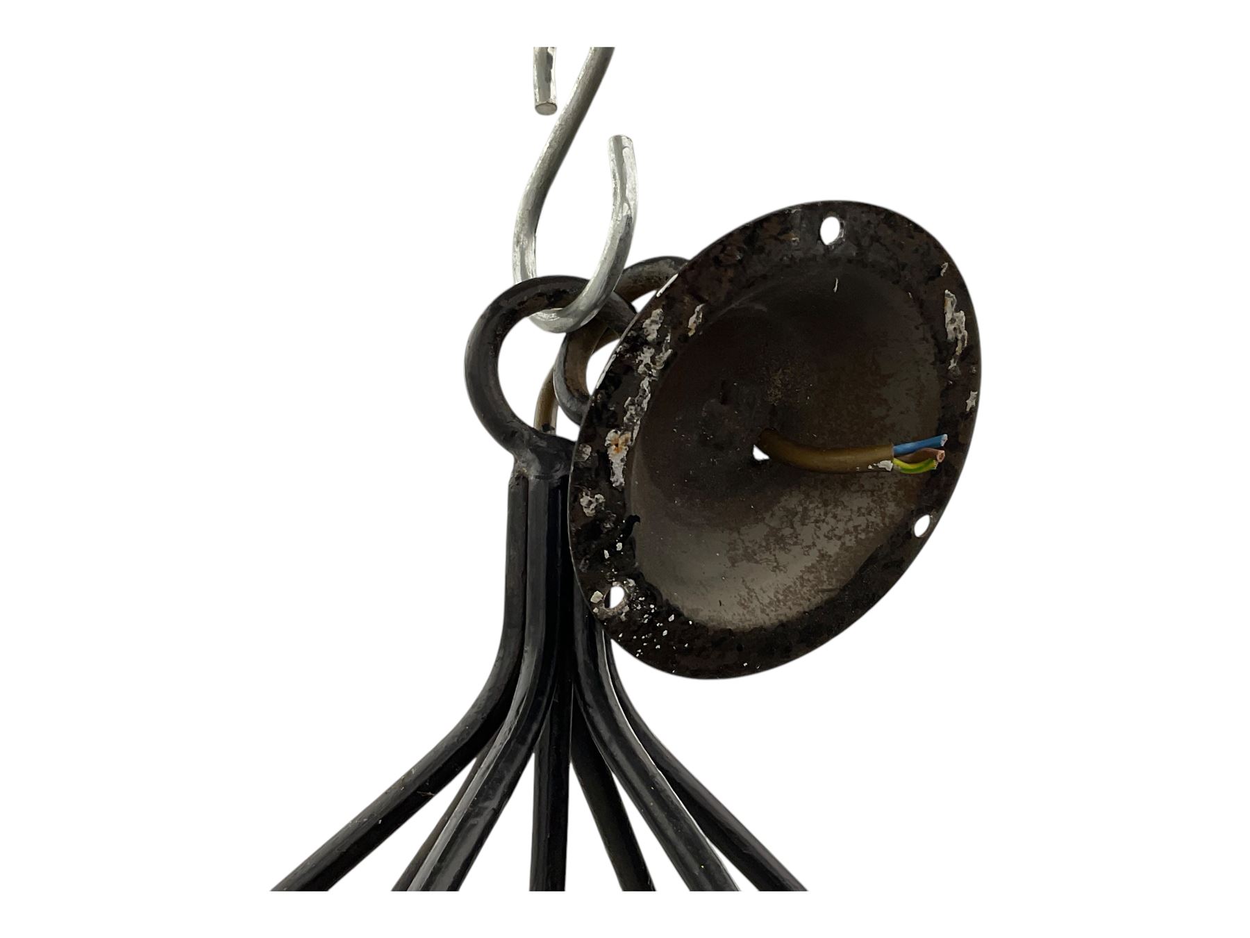 Contemporary black wrought iron six-light chandelier with drip trays and faux candle sleeves; polished chrome six-light chandelier with crystal droplets and cylindrical candleholders (2)