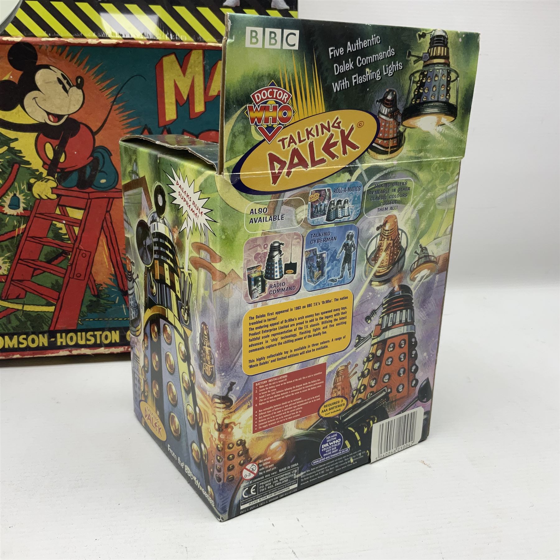 Mazda Mickey Mouse Lights by The British Thomson-Houston Co. Ltd.; boxed; unopened Top Gear Race The Stig game; Dr. Who Talking Cyberman; and Dr. Who Talking Dalek; both boxed (4)