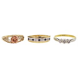 Gold three stone diamond ring, stamped 18ct Plat, gold rose flower ring and a gold stone set half eternity ring, both hallmarked 9ct