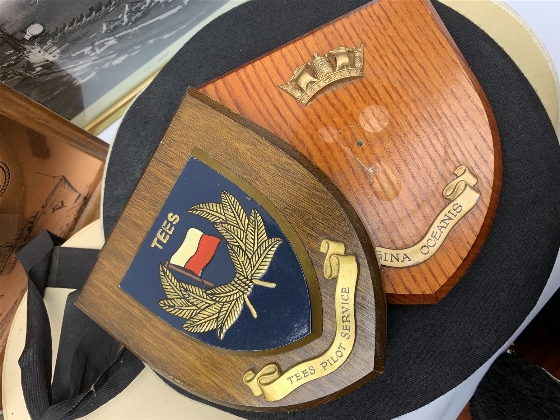 Items of Maritime or Naval interest including two naval hats, one with 'H.M.S. Richmond' tally, the other with 'H.M.S. Pembroke' tally, framed prints etc
