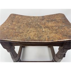 'Mouseman' 1940s adzed oak joint stool, dished figured burr seat, on shaped octagonal supports joined by stretchers, carved with mouse signature, by Robert Thompson of Kilburn 