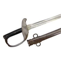 British 17th Lancers, Duke of Cambridge Own, 1899 cavalry sword, with L83cm single-edged slightly curved blade, top of blade etched '30E', broad sheet steel bowl hilt with chequered black leather grip scales, the steel two ring scabbard engraved 2/09 O.T.C , overall L104cm