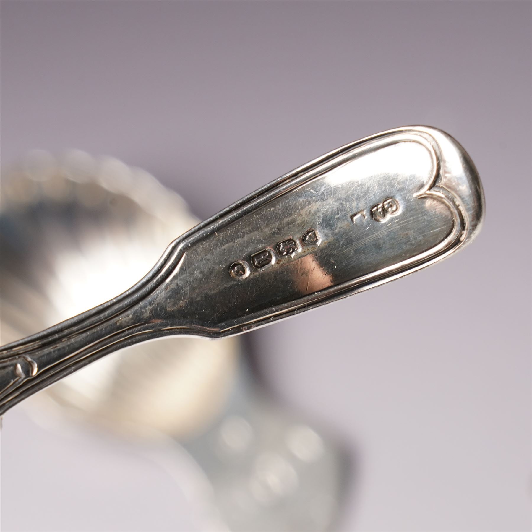 Pair of silver caddy spoons with shell shape bowls and flattened handles London 1977 Maker A Chick & Sons Ltd and a Victorian silver fiddle and thread pattern caddy spoon London 1866 Maker Chawner & Co  