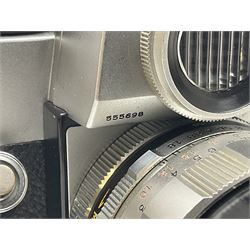 Petri Flex 7 camera body, serial no. 555698, with Perti C.C 1:1.8 f=55mm' lens, serial no. 78253, together with Petri Flex V2 camera body, serial no. 364427, with 'Petti C.C. 1:2 f=55mm' lens, serial no. 137076, in ever ready case