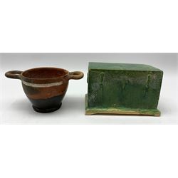 Chinese green glazed earthenware model of a chest, with label beneath inscribed 'Early Ming [...]', H9cm, L13.5cm, D8cm, together with a skyphos, probably Greek or Roman, with twin open handles upon a circular foot, H7.5cm, not including handles D9cm