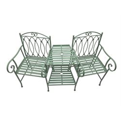 Washed green finish metal garden lovers bench, the two strap seat armchairs united by two-tier side table 