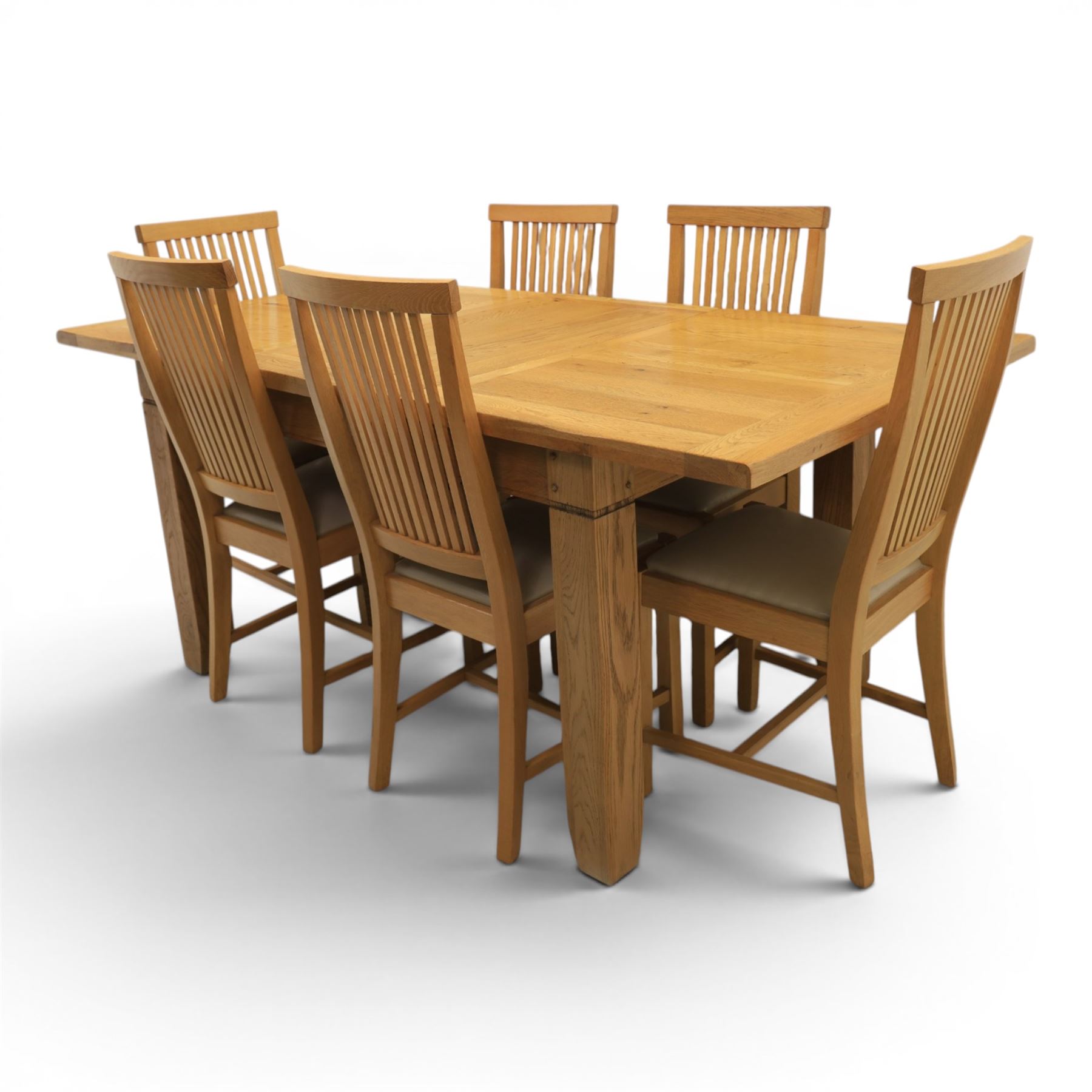 Contemporary oak dining extending table and set of six chairs, with additional leaf  extending to 182cm, chairs with cream upholstered seat