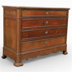 Late 19th century French provincial oak chest of drawers, moulded rectangular top with car...
