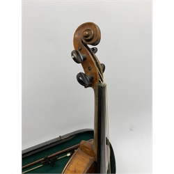 John Murdoch & Co. 'The Maidstone' three-quarter size violin with 33.5cm two-piece maple back and ribs and spruce top, bears label, 55cm overall, in original ebonised wooden 'coffin' case with two bows 