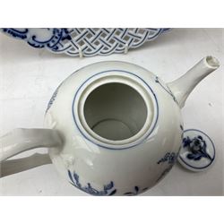 20th century Meissen blue and white Onion pattern teawares, comprising teapot with flower bud finial, jug, open sucrier, pierced plate, two cups and two saucers, plate stamped and impressed Meissen Germany, other pieces with blue cross sword mark beneath, teapot H10cm  