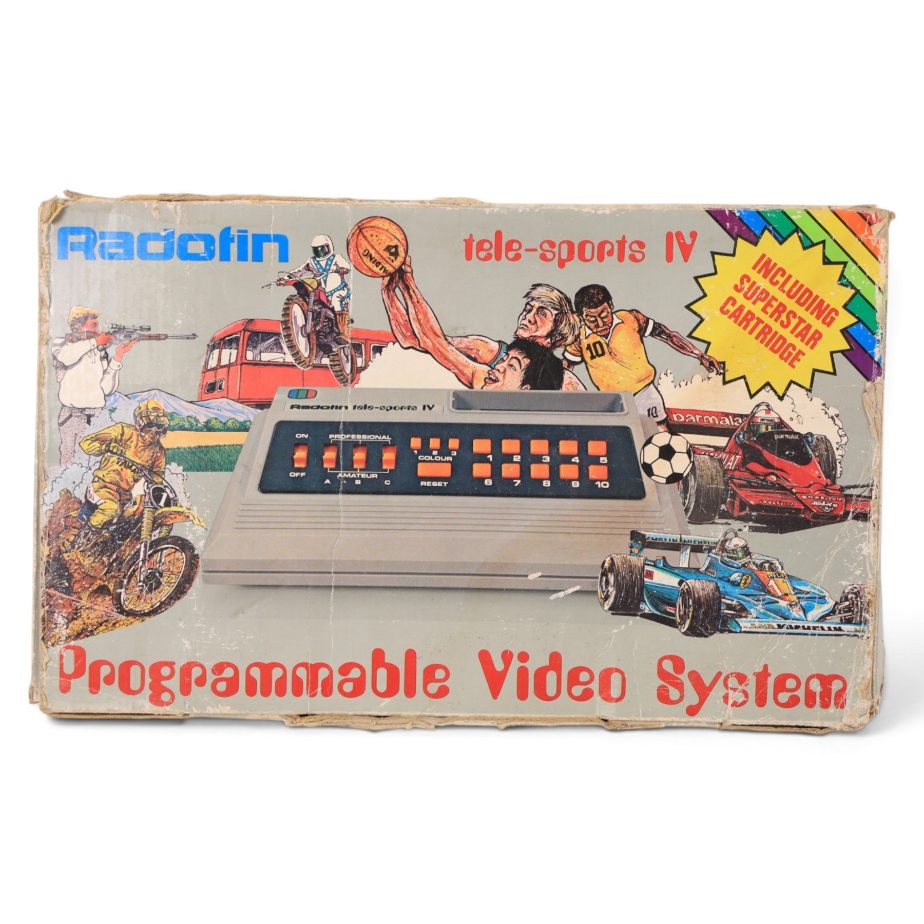 Vintage game consoles, comprising Sinclair ZX Spectrum, Zeon T-800 TV Game and Radofin Programmable Tele-Sports IV, all boxed, with six Spectrum games comprising Road Runner, Jack The Nipper, Batman, The Great Escape, Movie and Masters of the Universe