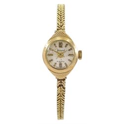 Accurist ladies 9ct gold manual wind wristwatch, on 9ct gold bracelet, hallmarked