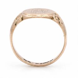 9ct rose gold signet ring, monogrammed with initials 'MA', with scroll design shoulders, Chester 1915