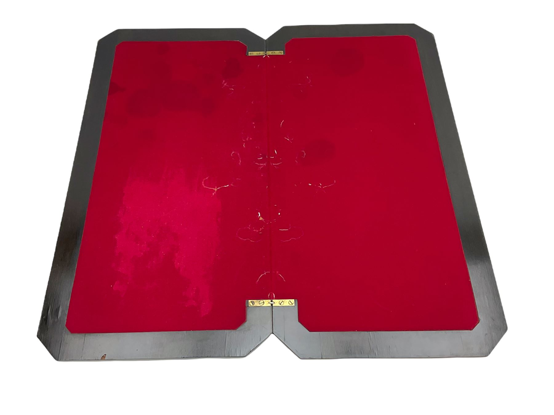 Late Victorian figured walnut and amboyna card-table, rectangular fold over top with baize lining, on turned supports joined by x framed balustrade stretchers