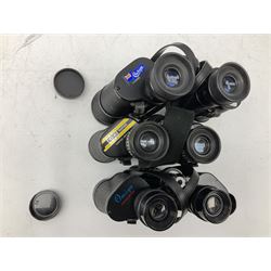 Eleven cased pairs of binoculars, to include Omiya 8x30, Tasco, Esde-Optik 8x40 Weitwinkel, Chinon 10x50 Field. Aico Rapide 8x30, Astralite zoom 6x- 14x32, etc