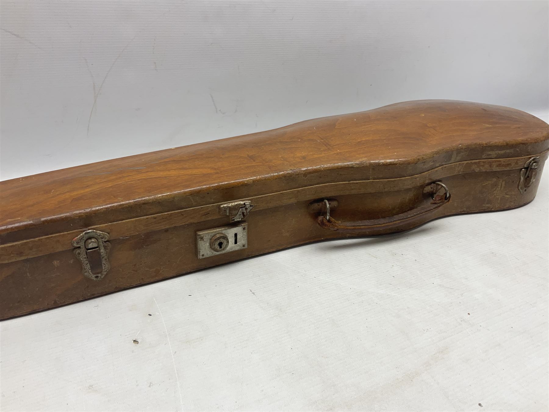 Mid-19th century German violin with 36cm two-piece maple back and ribs and spruce top, bears label 'Riccardo Antoniazzi Cremonese fece in Milano l'anno 1896' L59.5cm overall; in walnut case with two part bows