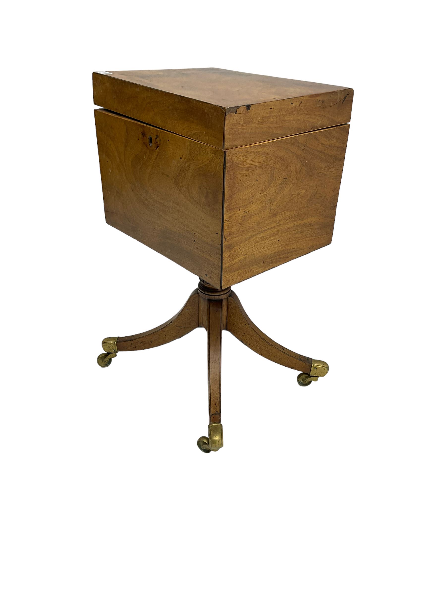 Regency mahogany cellarette on stand, rectangular top with hinged lid, raised on turned pedestal terminating in quadrupod base with brass cups and castors