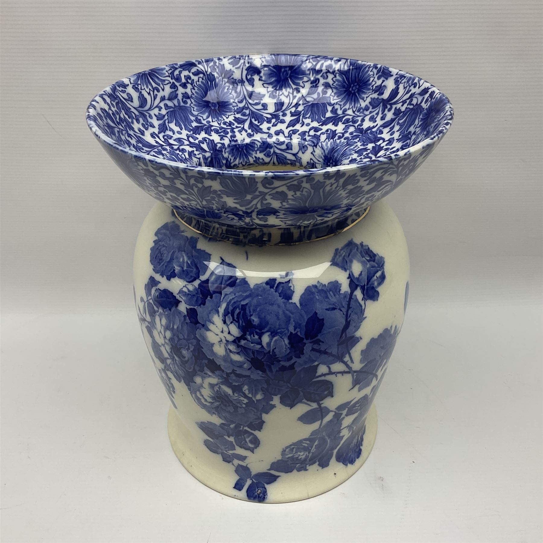 Doulton Burslem vase with fluted rim, in the Gloire-de-Dijon pattern H31cm