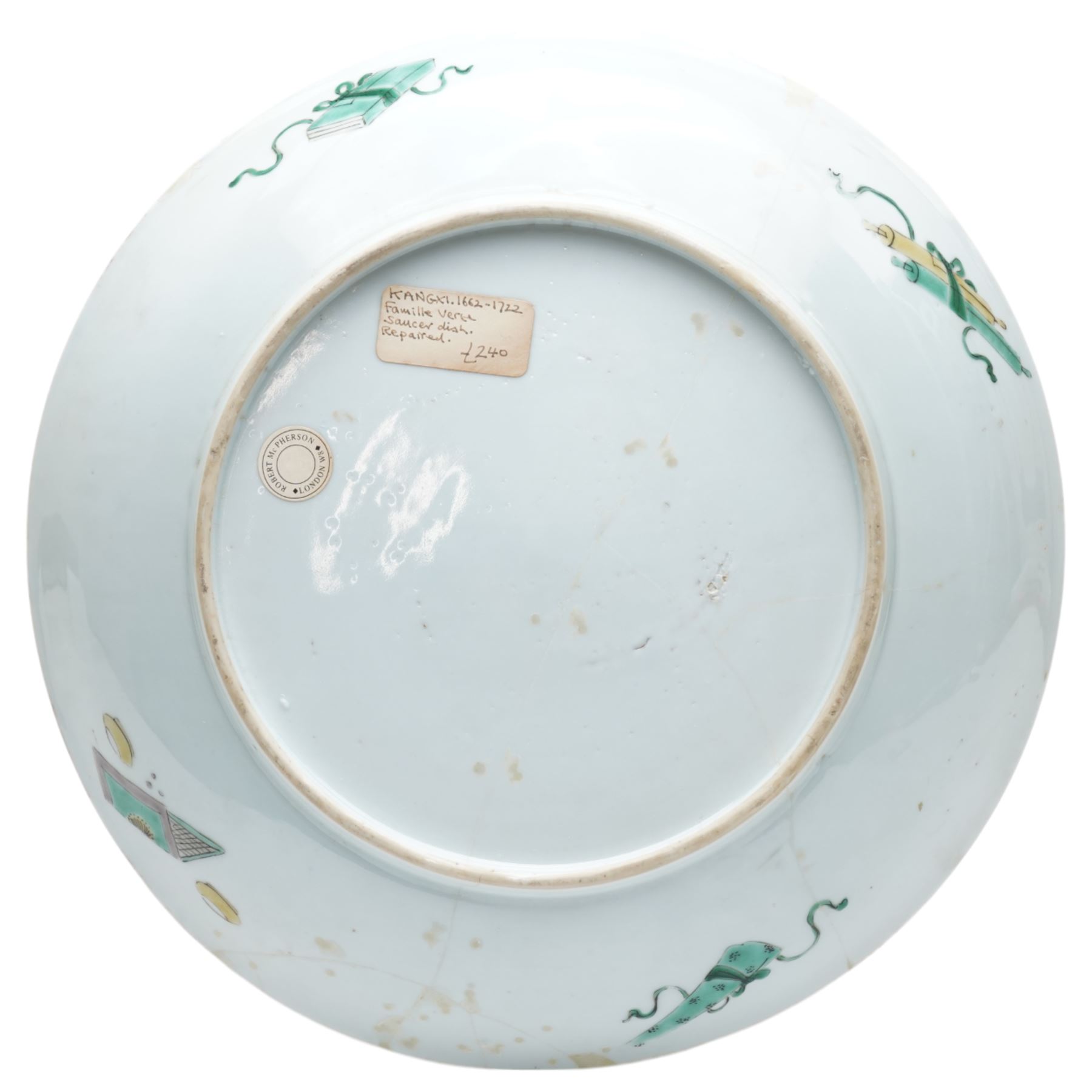 Chinese Kangxi famille verte dish, decorated with Laozi seated on the back of a buffalo greeting a bowing figure, D27cm