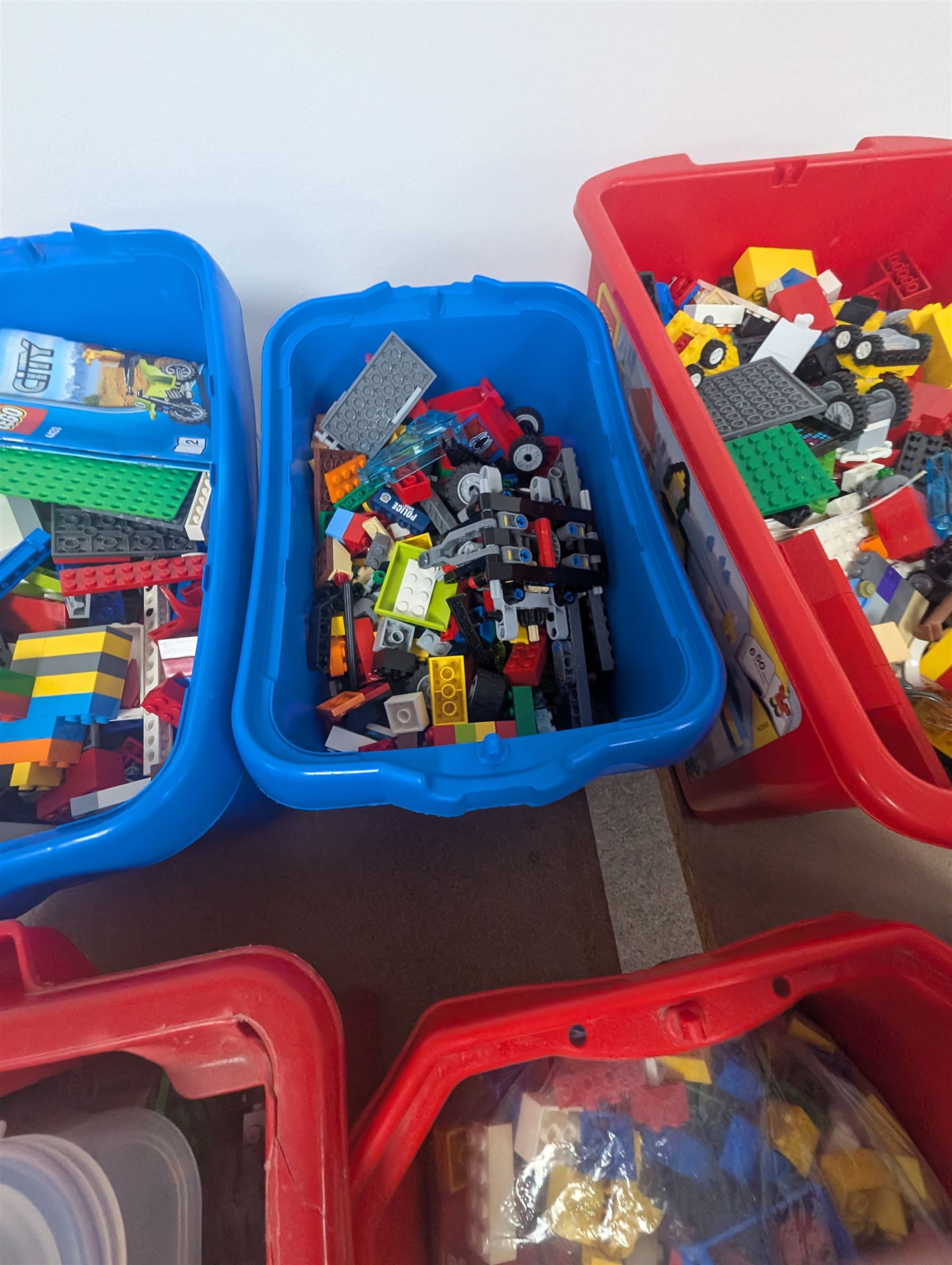 Large collection of loose Lego in six coloured plastic boxes