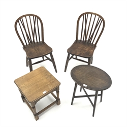  Pair early 20th century ash and elm stick back chairs, turned supports (W37cm) and two small tables (4)  