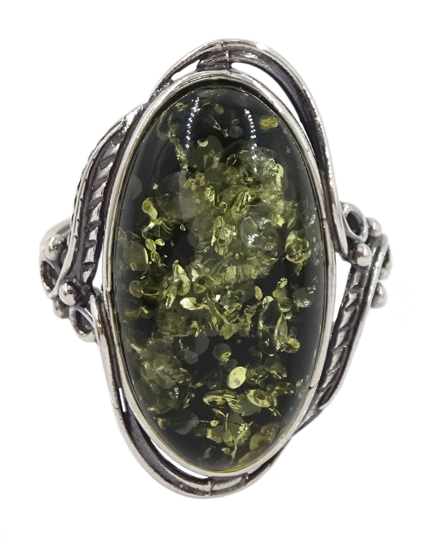 Silver single stone green amber ring, stamped 925