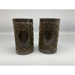 Pair of unusual Victorian silver mounted 'Formosa Tree' vases, each of cylindrical form with silver mounted rim and base, with central applied oval panel with engraved presentation monograms, the rims also engraved 'Branch of Formosa Tree Fern', H15cm D9cm