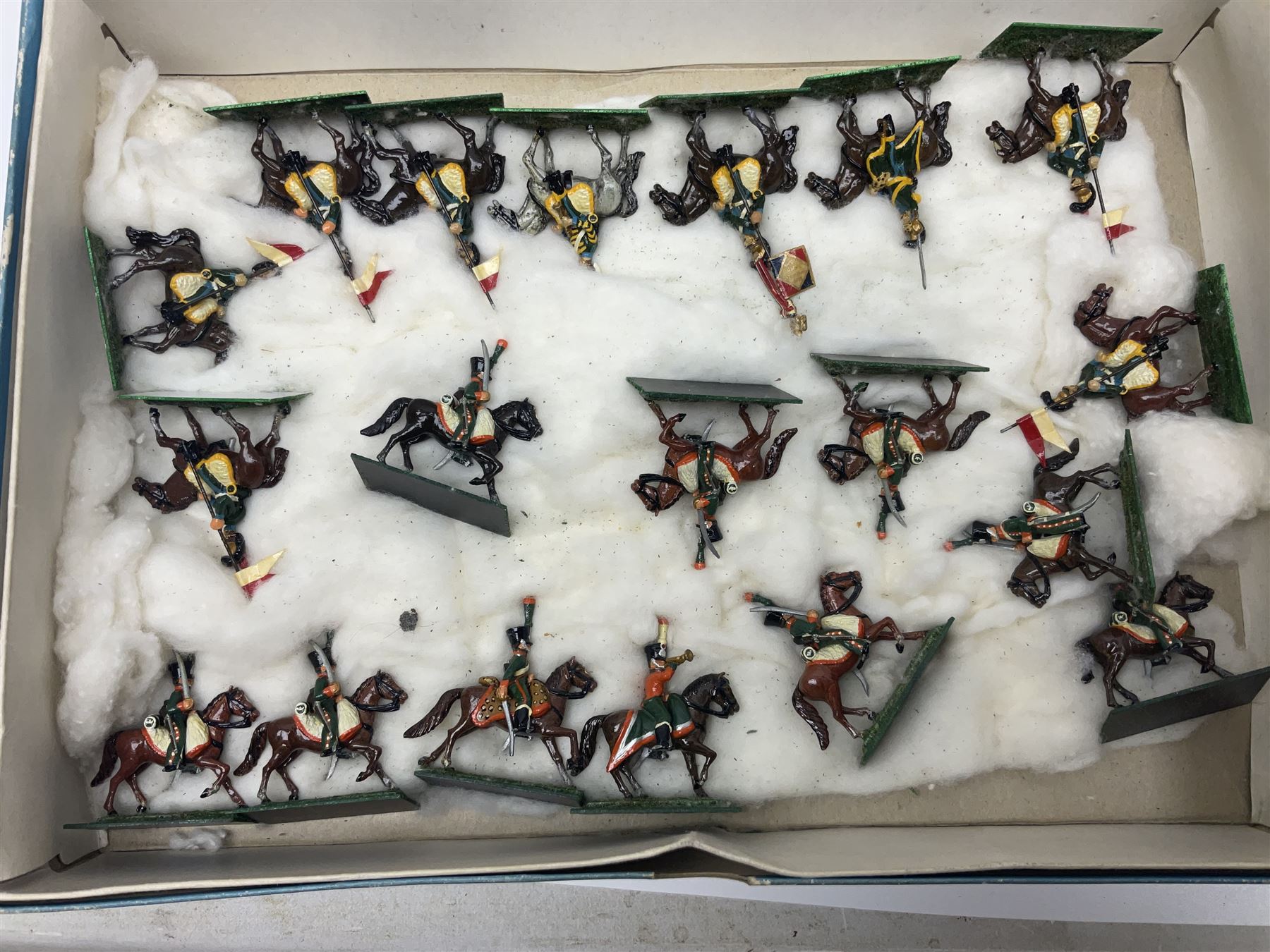 Painted metal wargame figures - over two hundred Lancers, Chasseurs, Dragoons, Cuirassiers, Carabiners, Imperial Guard, Bavarians, Line and Light Infantry etc; individual figures and ranks of two, three and four; average size 25mm