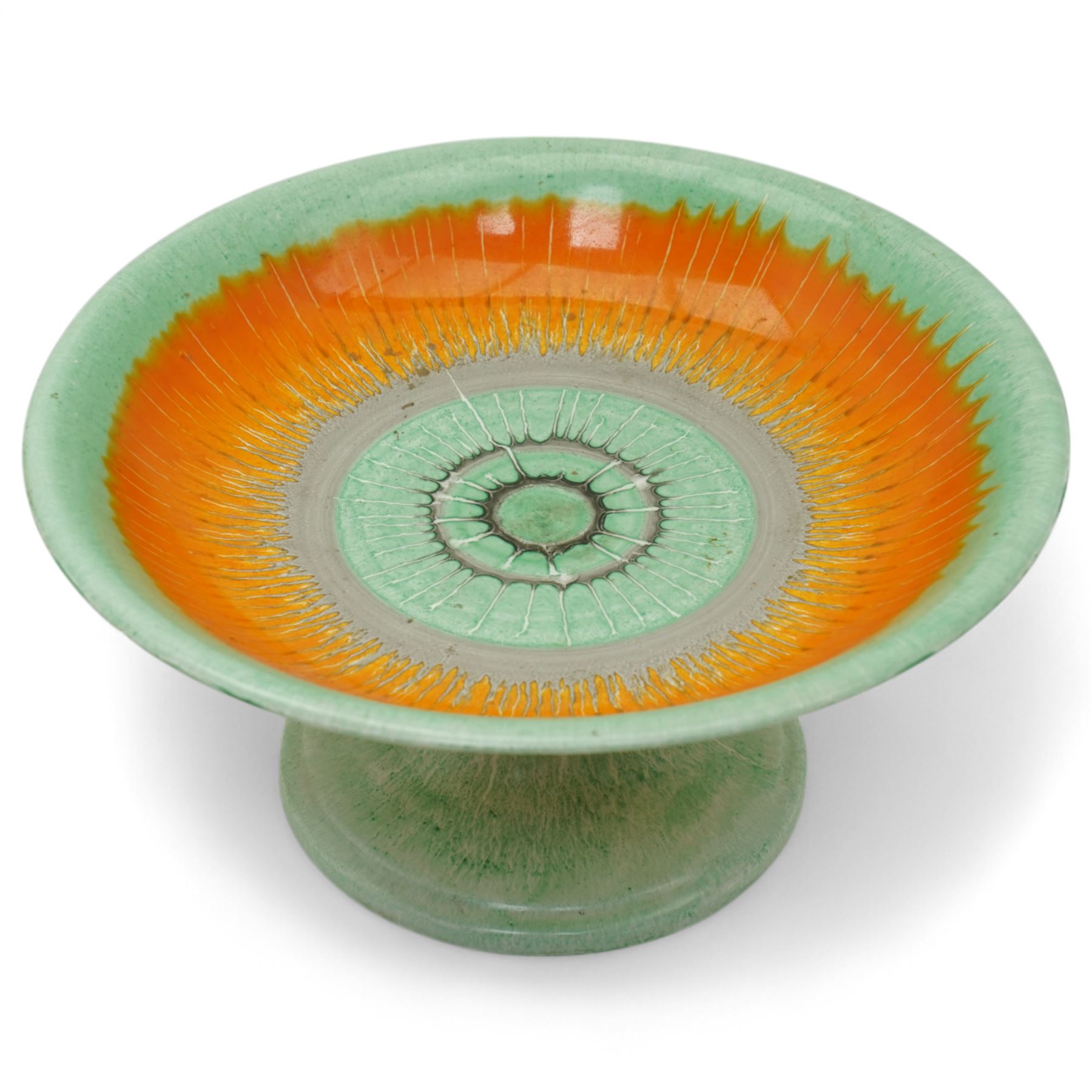 Collection of Shelly Harmony Drip wares, including conical form volcano vase, cake stand, raised bowl and squat vase, in shades of brown orange and green, volcano vase H21cm (4)