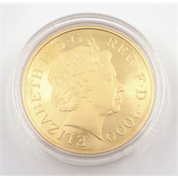 Queen Elizabeth II 2000 gold proof five pound coin, 'The Queen Mother Centenary Year Gold Centenary Crown', struck in 22 carat gold, cased with certificate, number 2134