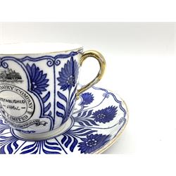 Late 19th century Coalport porcelain cup and saucer in the 'Aster' pattern bearing the crest of Express Dairy Company Limited, College Farm, Finchley and decorated with a steam locomotive