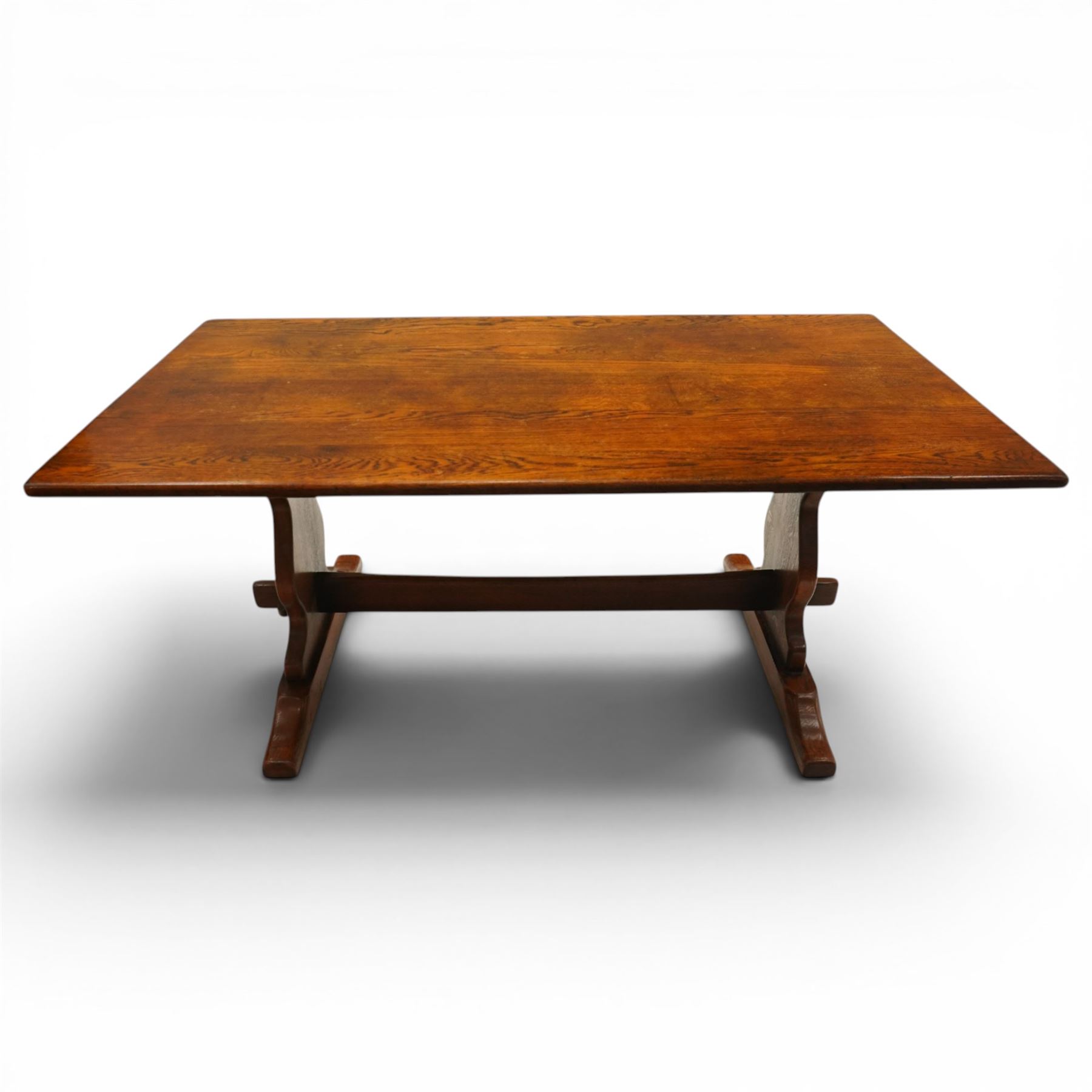 Batheaston Bespoke Furniture Harrogate - 17th century design oak refectory dining table, rectangular top raised on shaped end supports with sledge feet, united by pegged stetcher