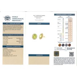 Pair of 18ct gold oval cut peridot and round brilliant cut diamond stud earrings, total peridot weight 3.00 carat, with World Gemological Institute report