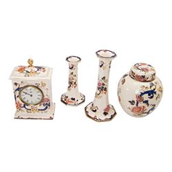 Collection of Mason ‘Mandalay’ pattern ceramics, to include vase and cover, two clocks, candle sticks, wall vases, ginger jar etc 
