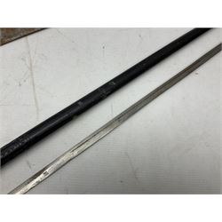 Early 20th century Indian ebonised sword stick, the 59.5cm blade with punched decoration and horn grip L94cm overall; and a reproduction Indian tulwar with scabbard (2)