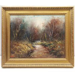 Continental School (20th century): Impressionist Woodland Path, oil on canvas indistinctly signed