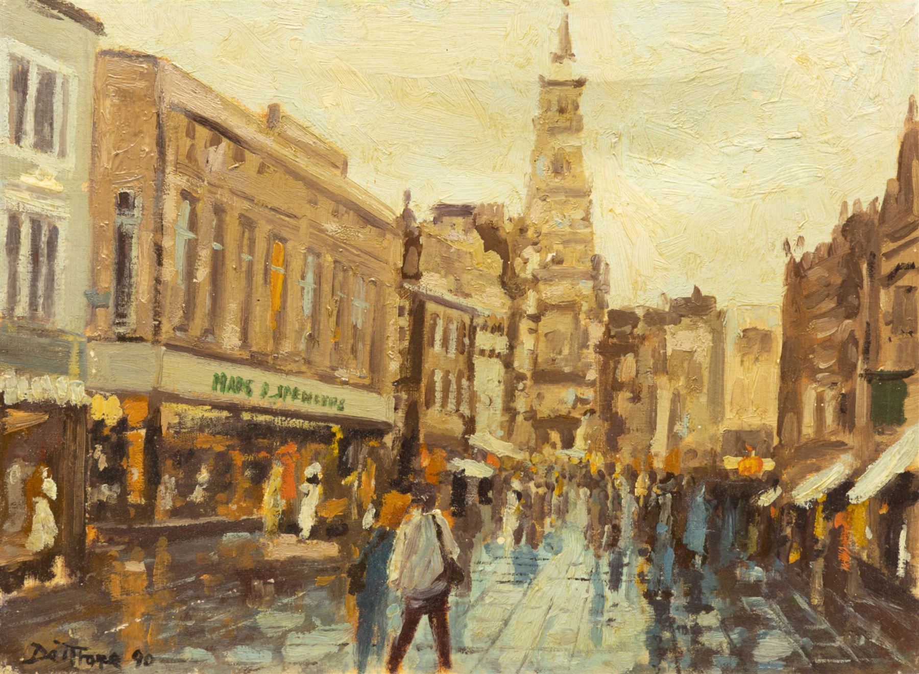 Barry De More (Yorkshire 1948-2023): 'The Precinct Halifax with Town Hall', oil on canvas signed and dated '90, inscribed verso 28cm x 38cm
Provenance: consigned by the artist's widow