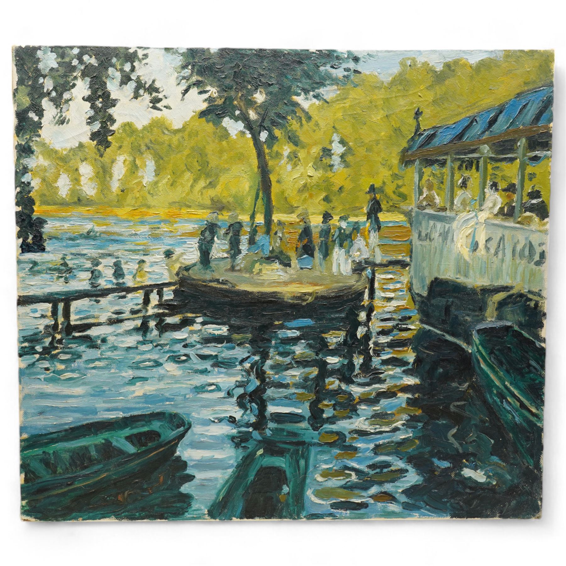 Barry De More (Yorkshire 1948-2023) after Claude Monet (French 1840-1926): 'Bain à la Grenouillère', oil on canvas signed and inscribed verso 58cm x 65cm 
Notes: Acclaimed as one of the North's greatest expressionist artists, Barry De More (1948-2023) used a heavy impasto style to transfer his love of Yorkshire landscapes, townscapes and people to canvas. His work sits comfortably in the company of work by Kossoff and Auerbach, selling to collectors in the UK and overseas. De More's work can be found in the permanent collection of work by Northern Artists at Dean Clough, one of the UK's largest contemporary art galleries.