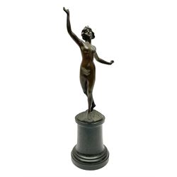Bronze figure modelled as a nude woman with one arm raised a crescent moon upon her forehead, raised upon a circular stepped plinth, H36cm
