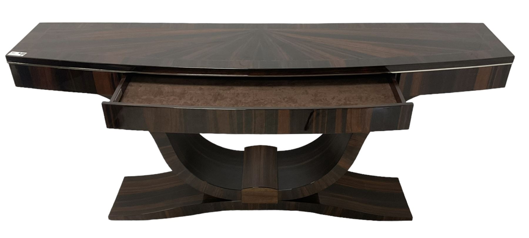 Giorgio Collection - Art Deco design macassar ebony 'Luna' console table, rectangular bow-front top with cross-banding and sun-burst veneer, fitted with single drawer, raised on a curved U-shaped base, retailed by Harrods