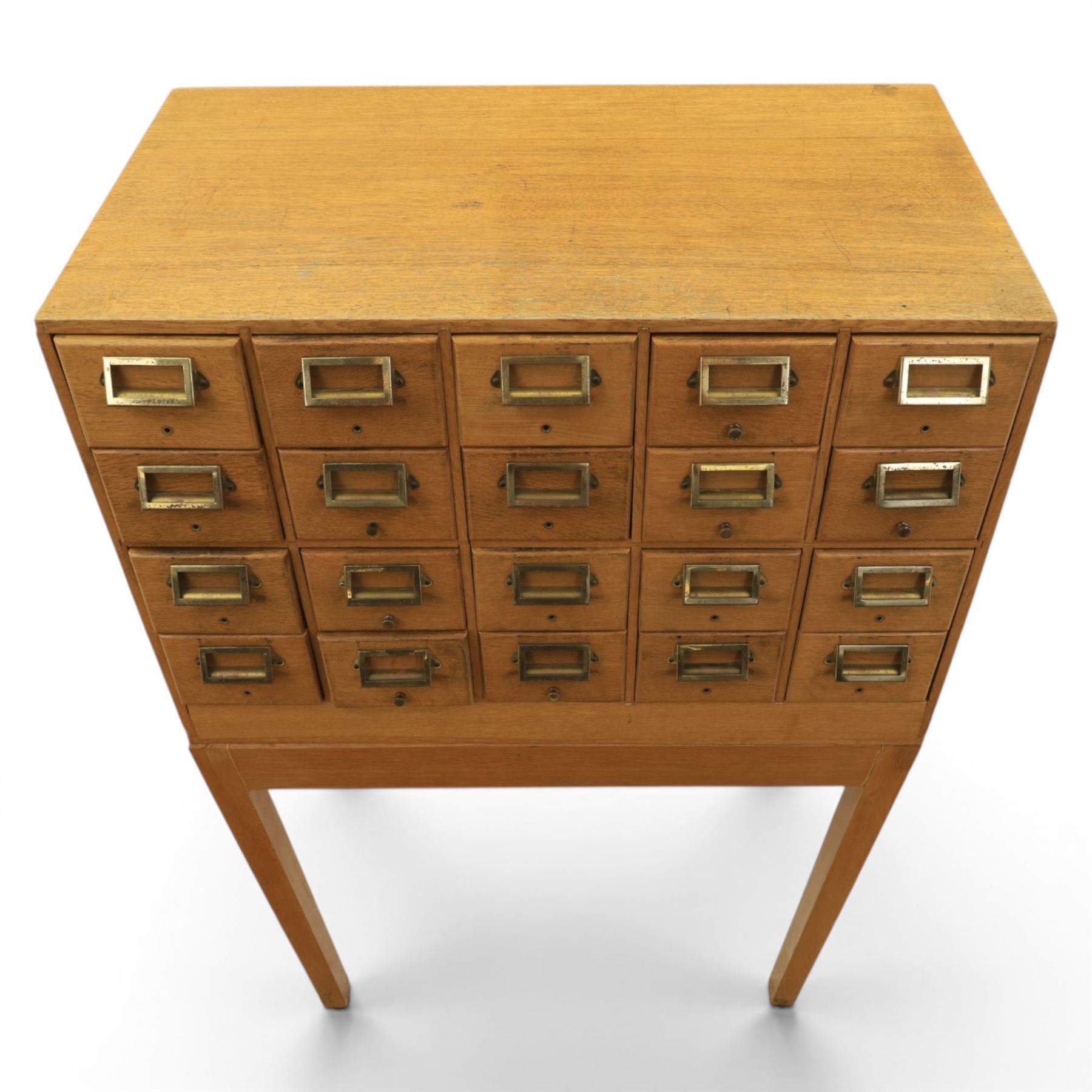 Mid-20th century card index bank of twenty drawers on stand
