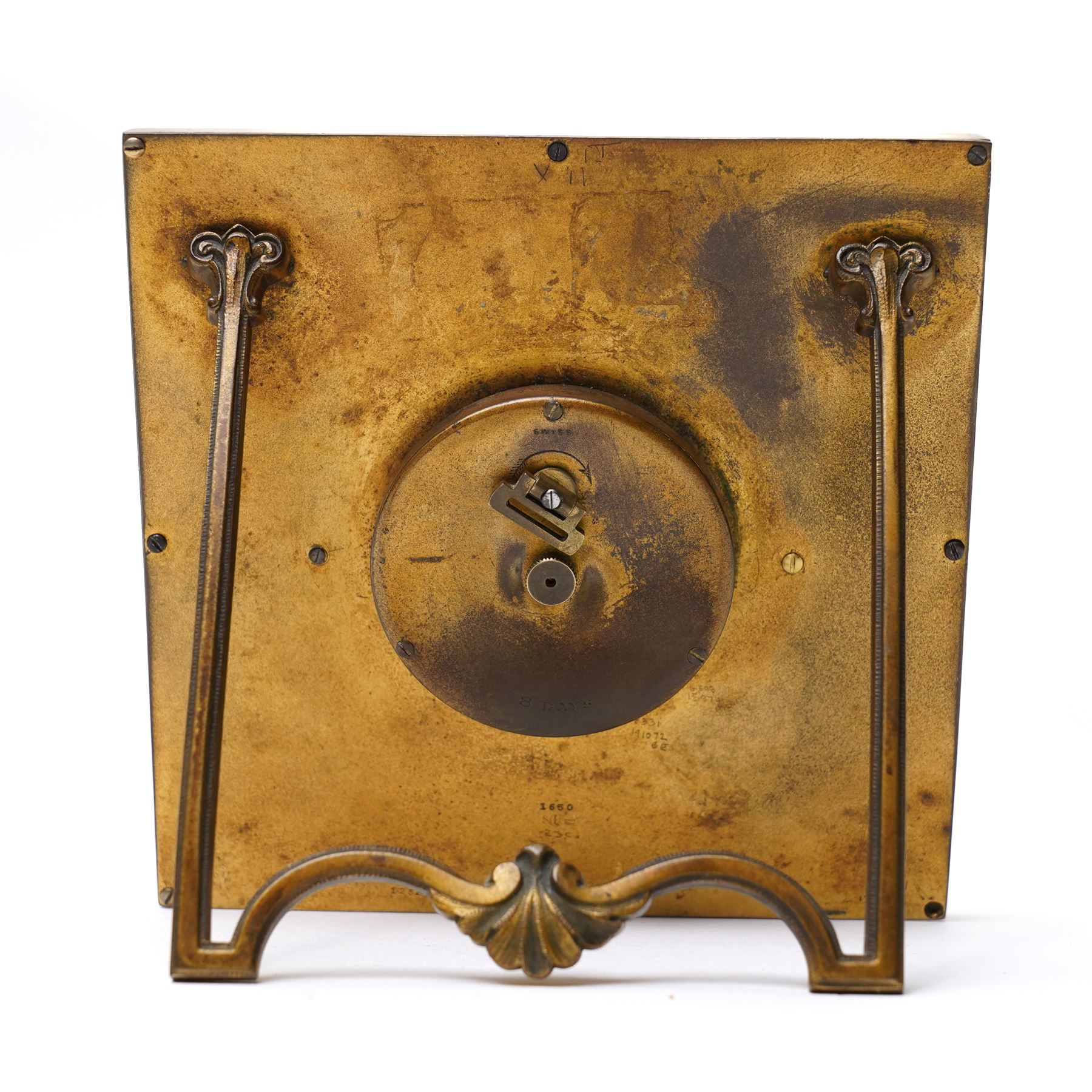 Early 20th century-Swiss bedside Strut Clock with an 8-day timepiece movement and balance escapement, four and a half inch square picture frame case with fine detail surround, gilt dial with exquisitely etched engraving to the corners and centre, silvered chapter with Roman numerals, inner minute track and elegantly fettled blue steel hands, wound and set from the rear.