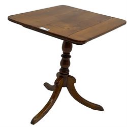 19th century elm tripod table, rectangular tilt-top on turned pedestal with three splayed supports 