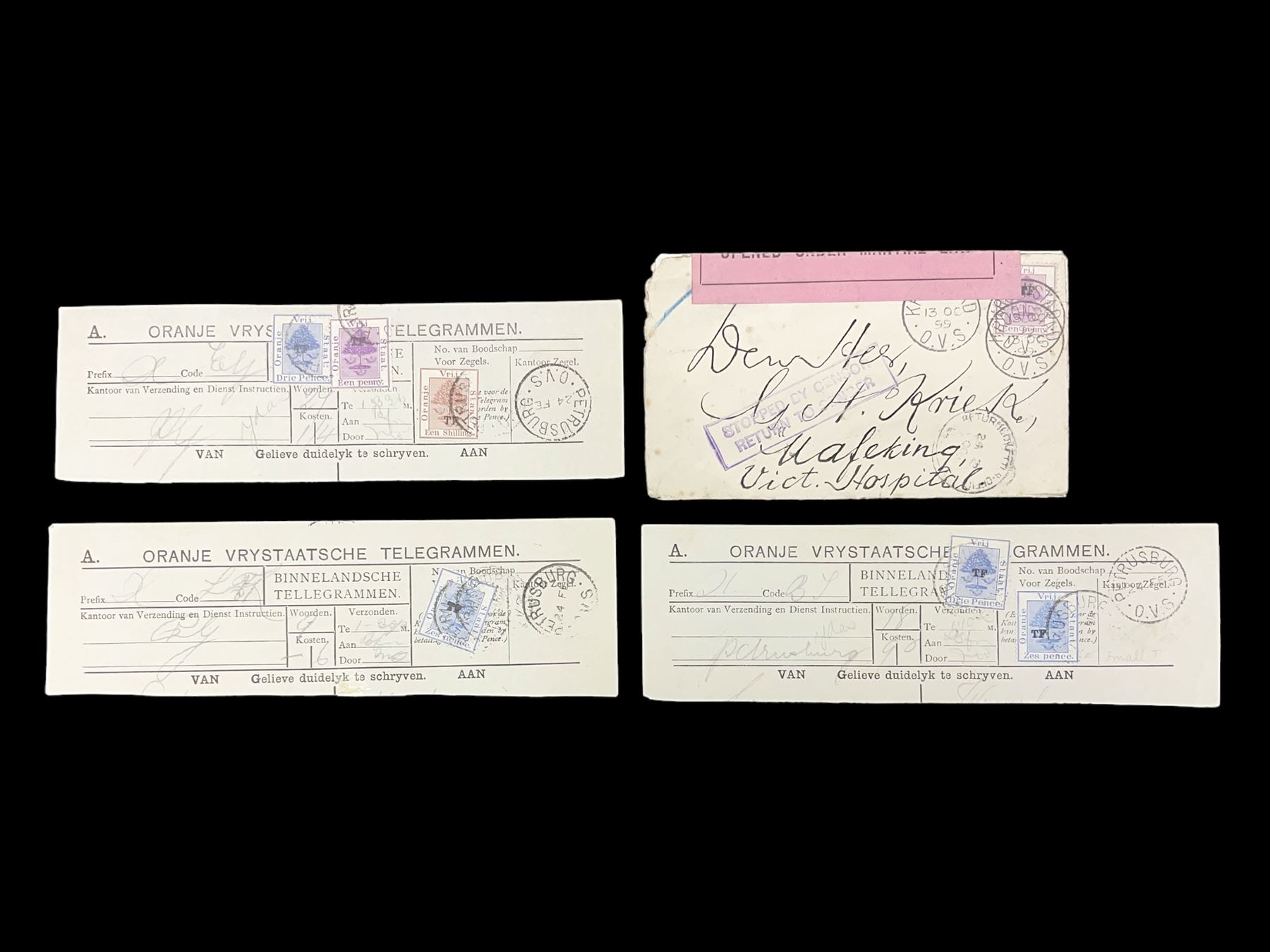 South Africa, Orange Free State, partial cover with one penny stamp cancelled with various postmarks 'Stopped By Censor Return To Sender' purple rectangular stamp and 'V R Opened Under Martial Law' pink slip and three telegrams with various stamp values