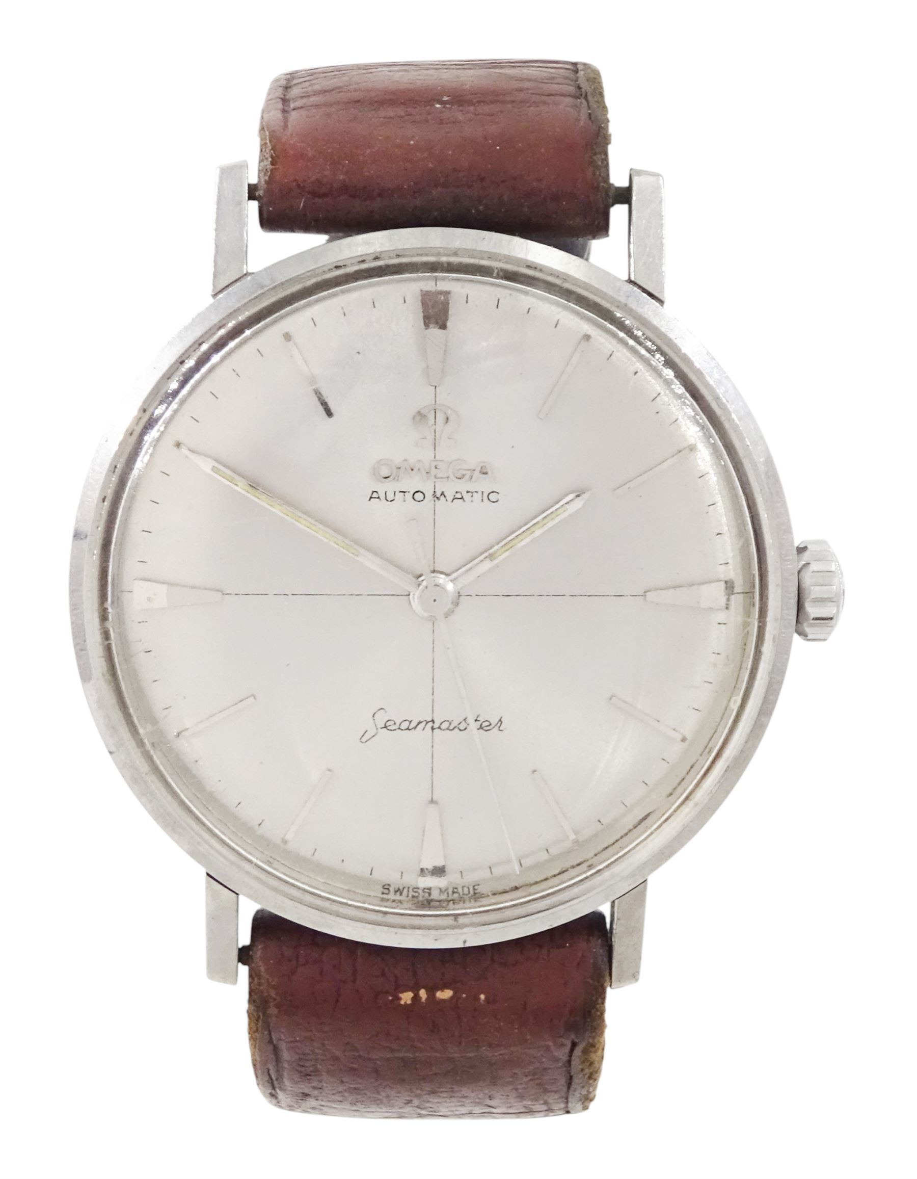 Omega Seamaster gentleman's stainless steel automatic wristwatch, silvered dial with baton and dagger hour markers, on brown leather strap, boxed