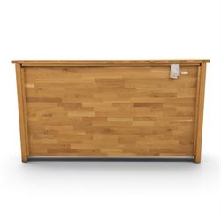 Solid oak sideboard fitted with drawers and cupboards, central bank of six drawers, metal pulls 
