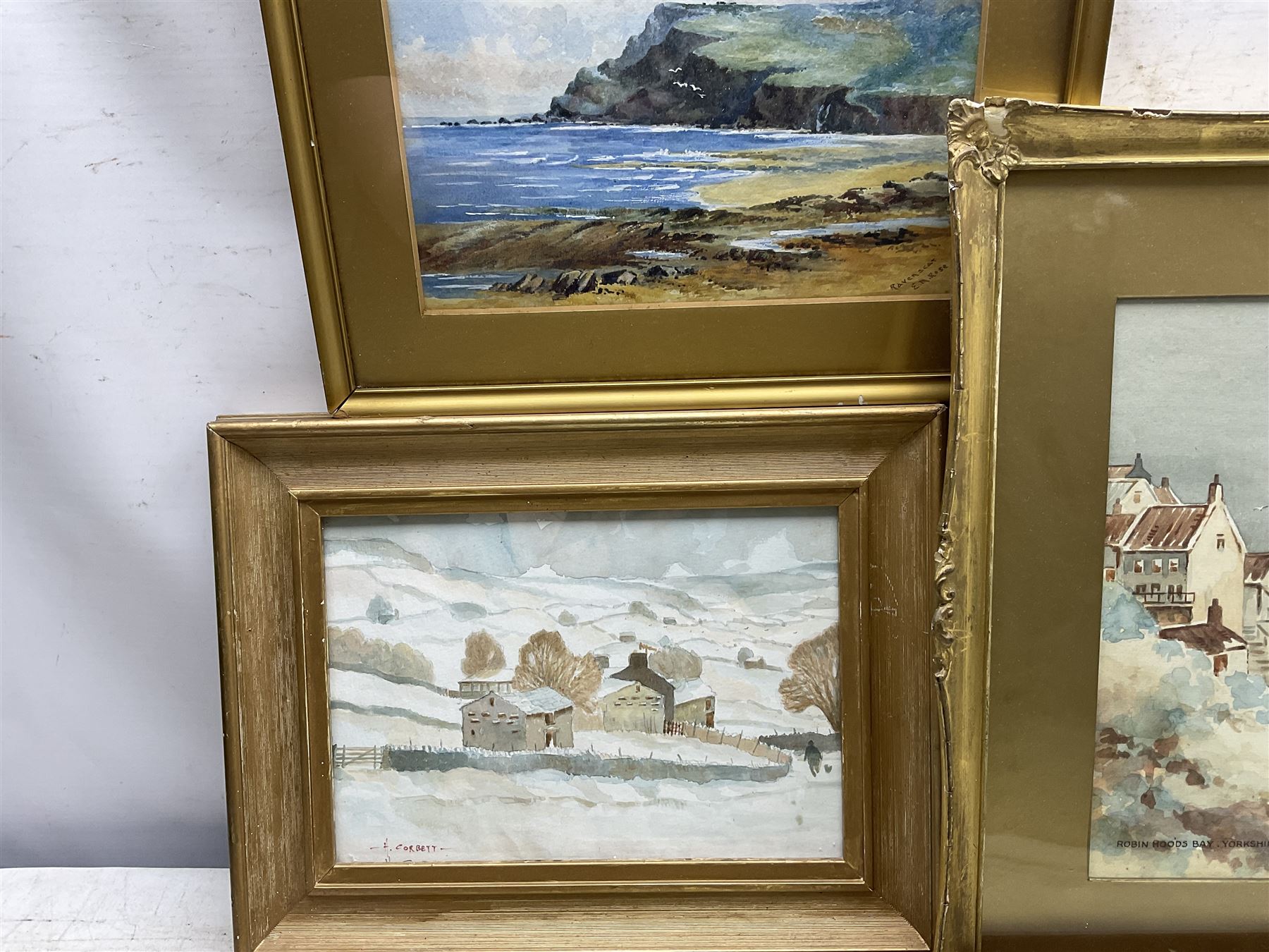 Three original watercolours, mostly local scenes, signed E M Rose, H Corbett, Harold Newton, Geoff Barrett, various prints including Rowland Henry Hill (8)